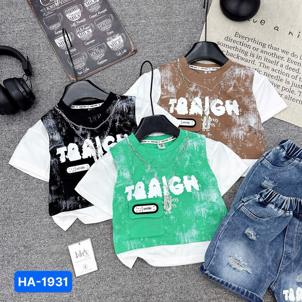 T555-Set áo nâu loang xích q jean rách (09.26kg)