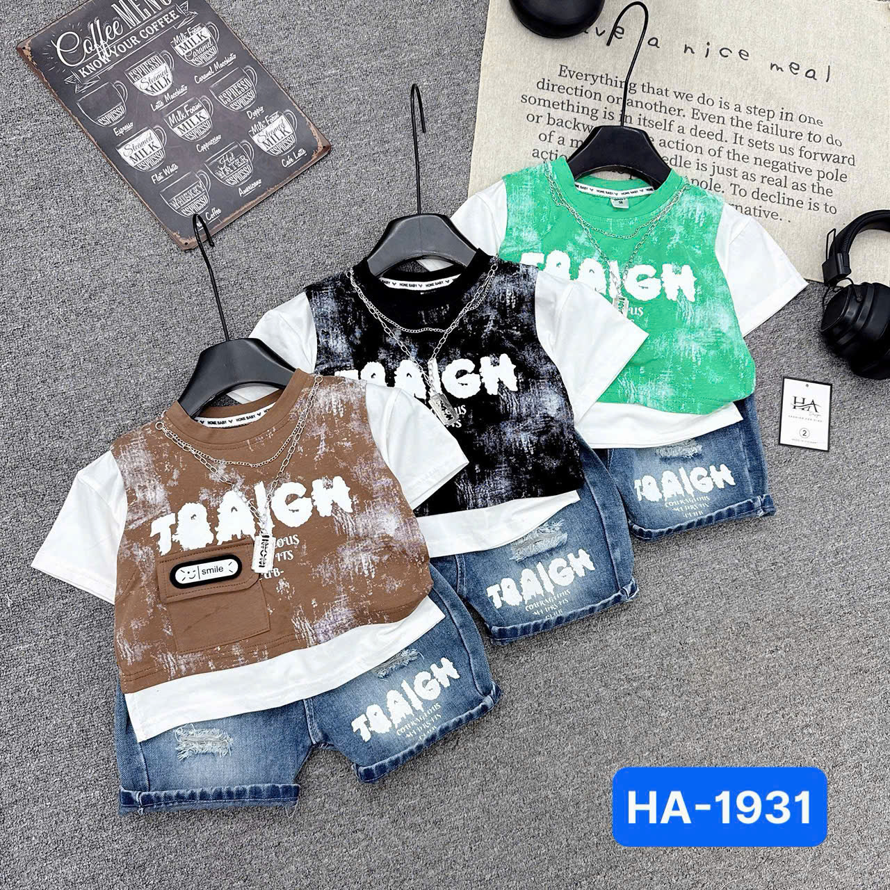 T555-Set áo nâu loang xích q jean rách (09.26kg)