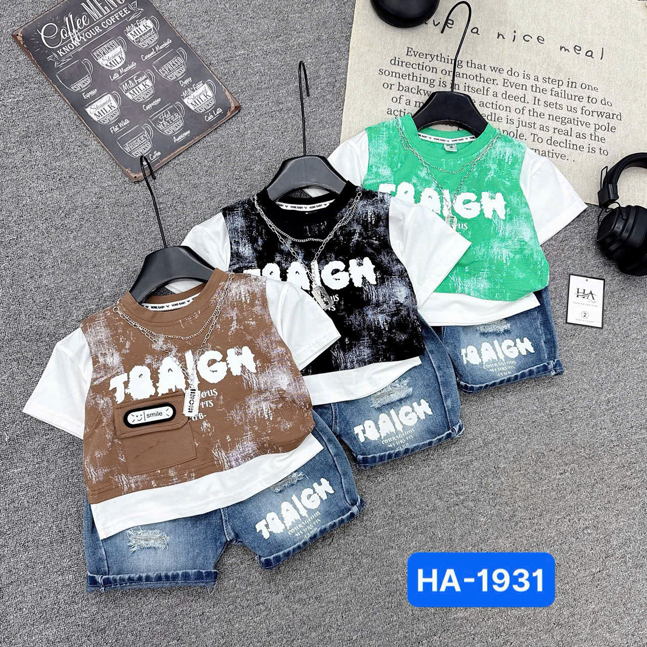 T555-Set áo nâu loang xích q jean rách (09.26kg)