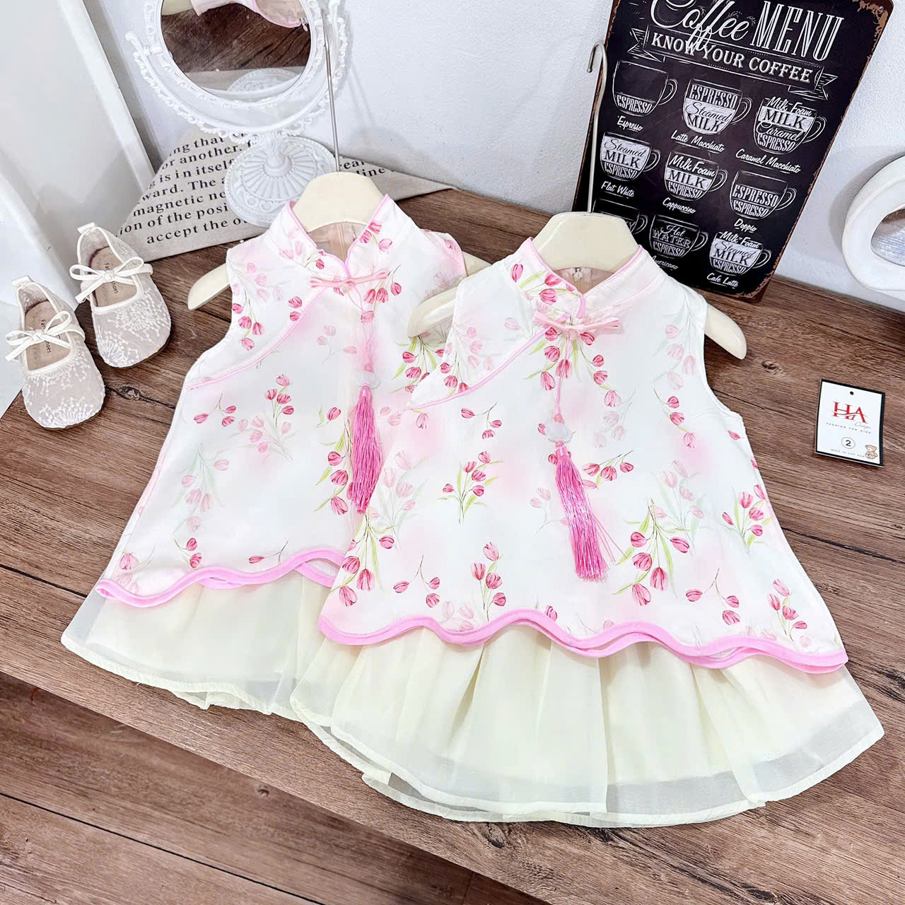 V318-Set váy cổ tàu hồng hoa nhí (09.28kg)