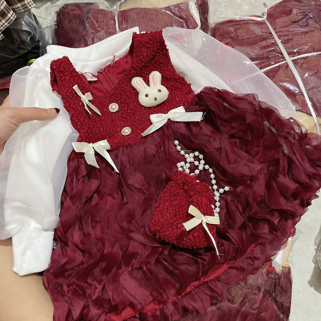 V338-Set áo kem váy dạ thỏ Nhí S1/5 (7-12kg)