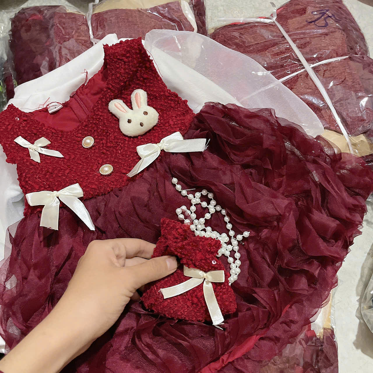 V338-Set áo kem váy dạ thỏ Nhí S1/5 (7-12kg)