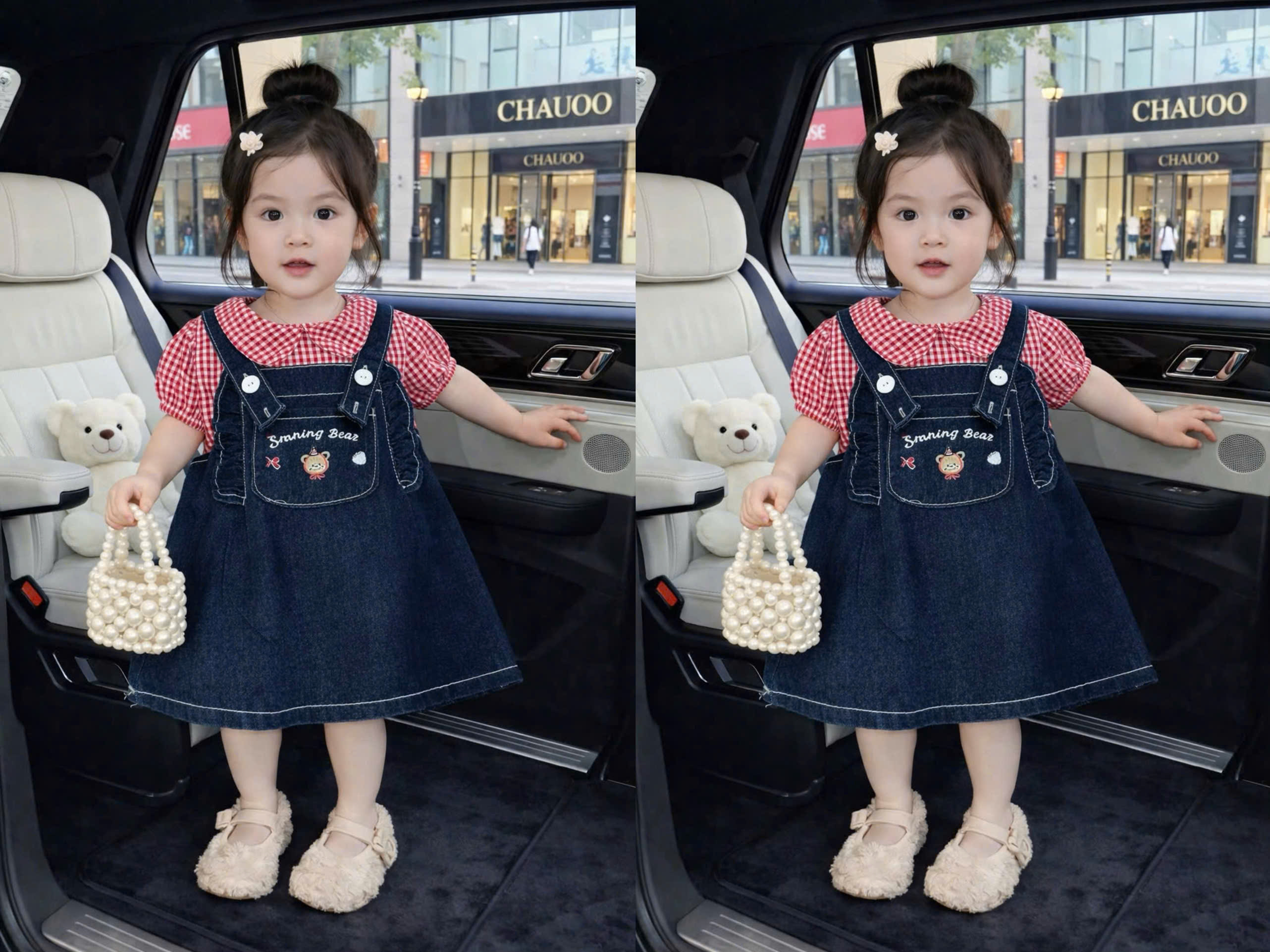 V379-Set áo caro đỏ váy yếm jean (10.20kg)