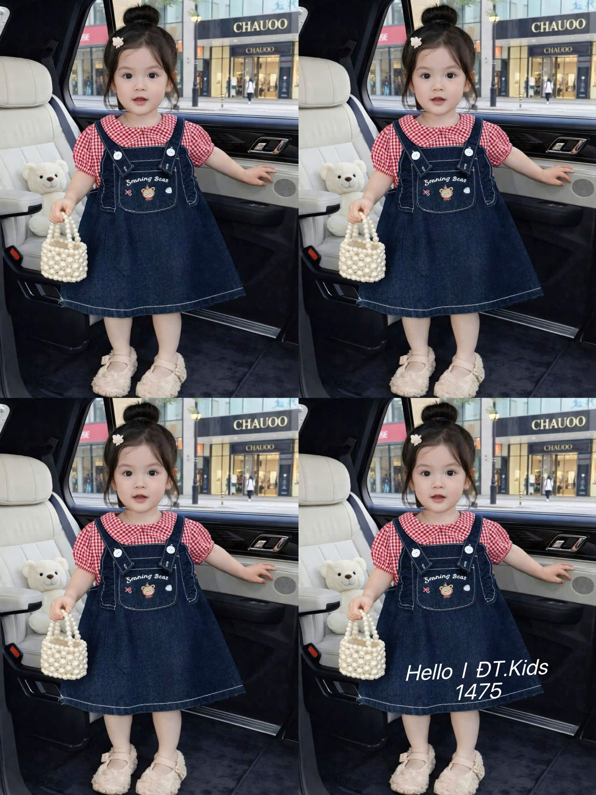 V379-Set áo caro đỏ váy yếm jean (10.20kg)