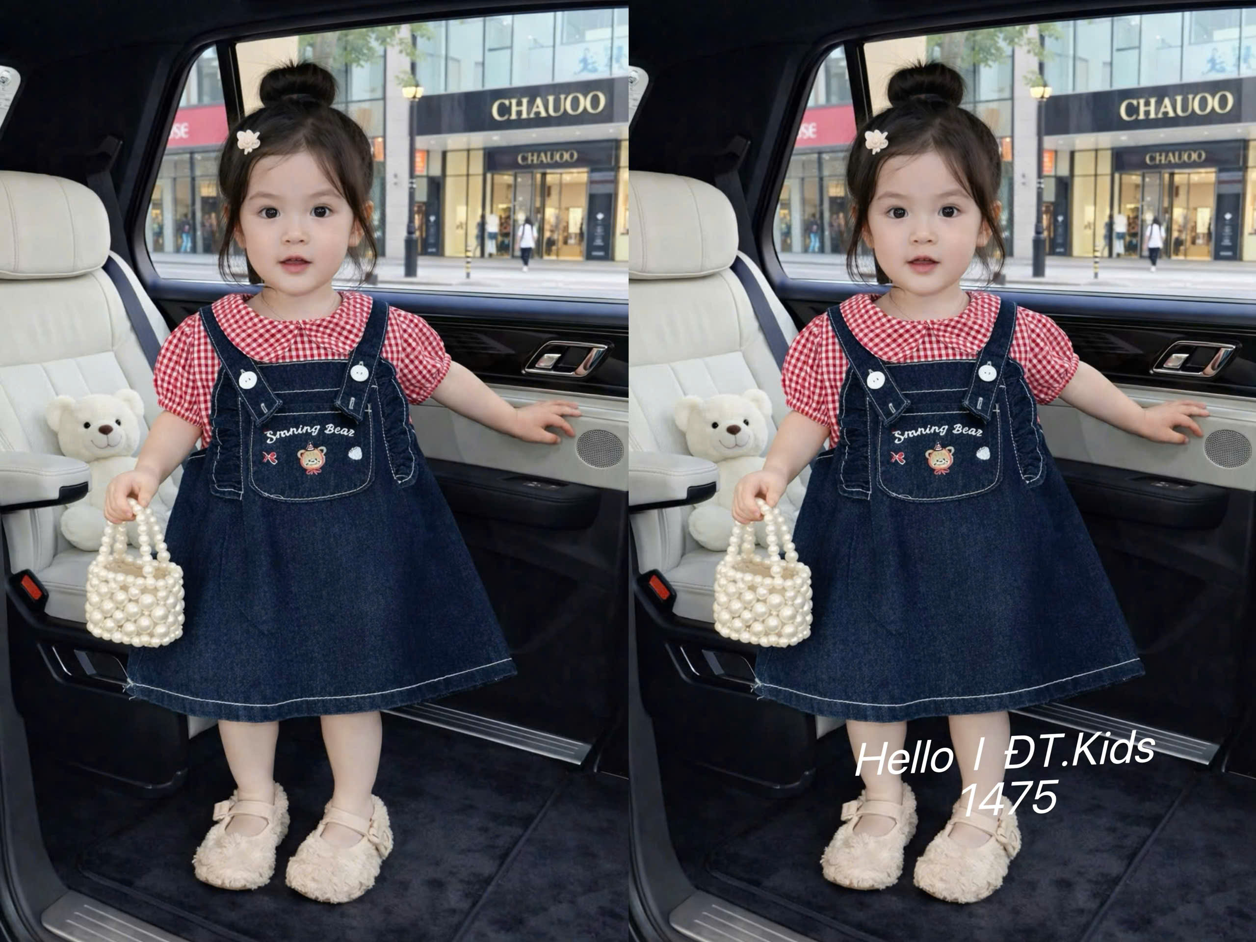 V379-Set áo caro đỏ váy yếm jean (10.20kg)