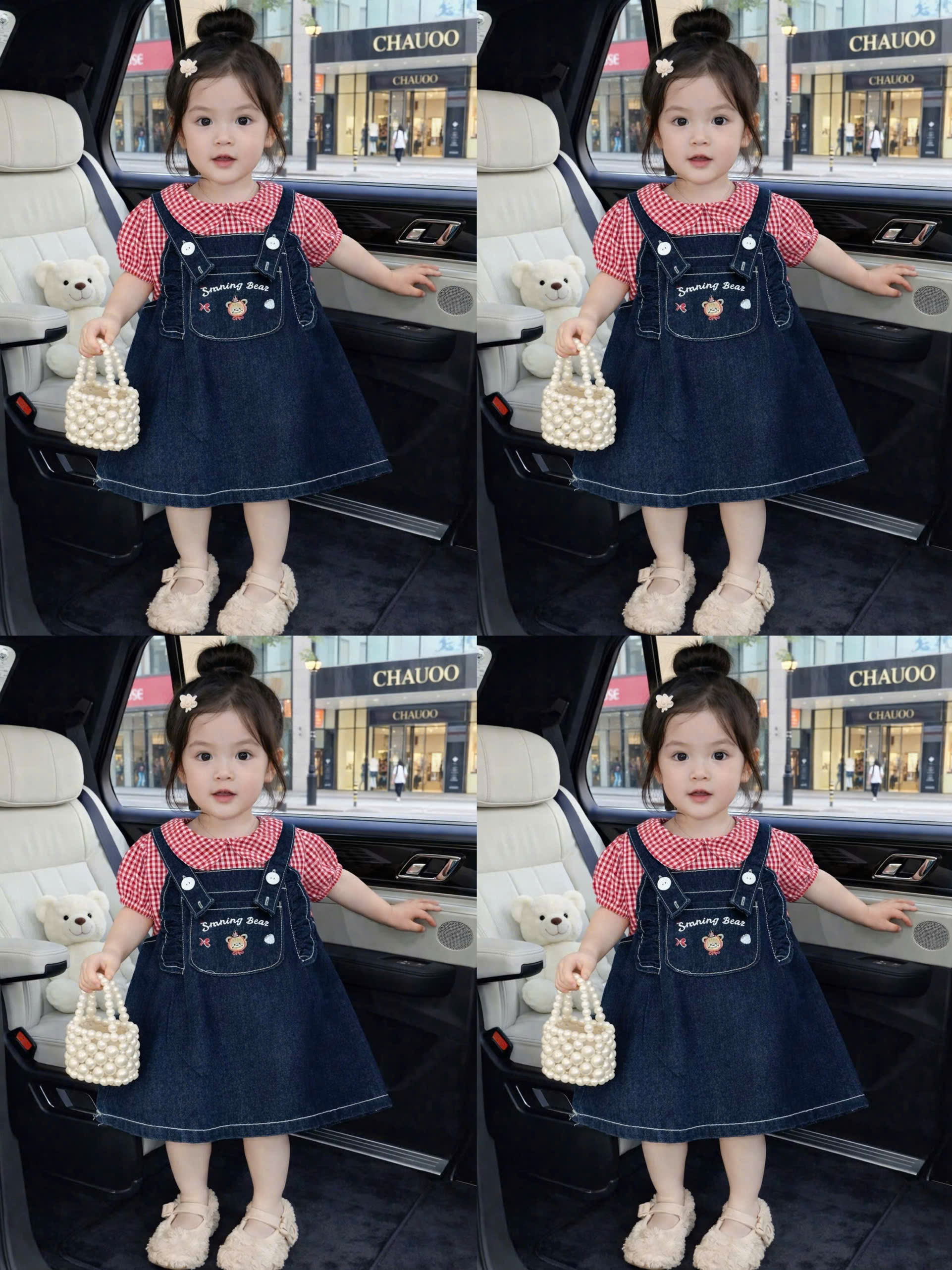 V379-Set áo caro đỏ váy yếm jean (10.20kg)