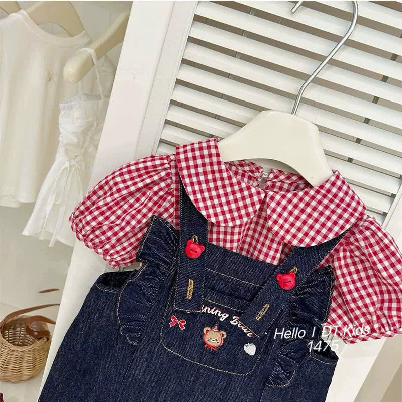 V379-Set áo caro đỏ váy yếm jean (10.20kg)