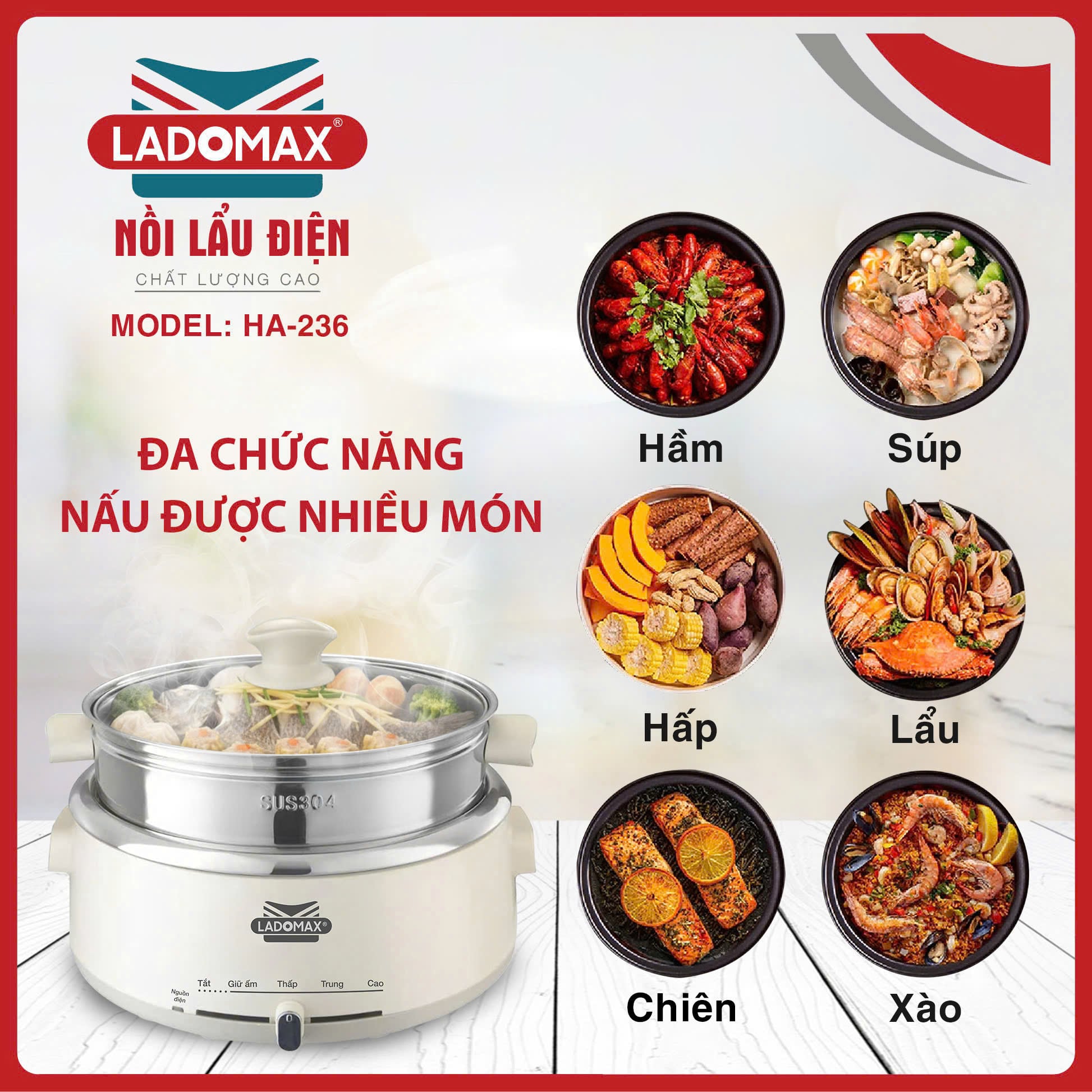 Nồi lẩu điện lòng inox rời Ladomax HA-236 - dung tích 4.0 Lít
