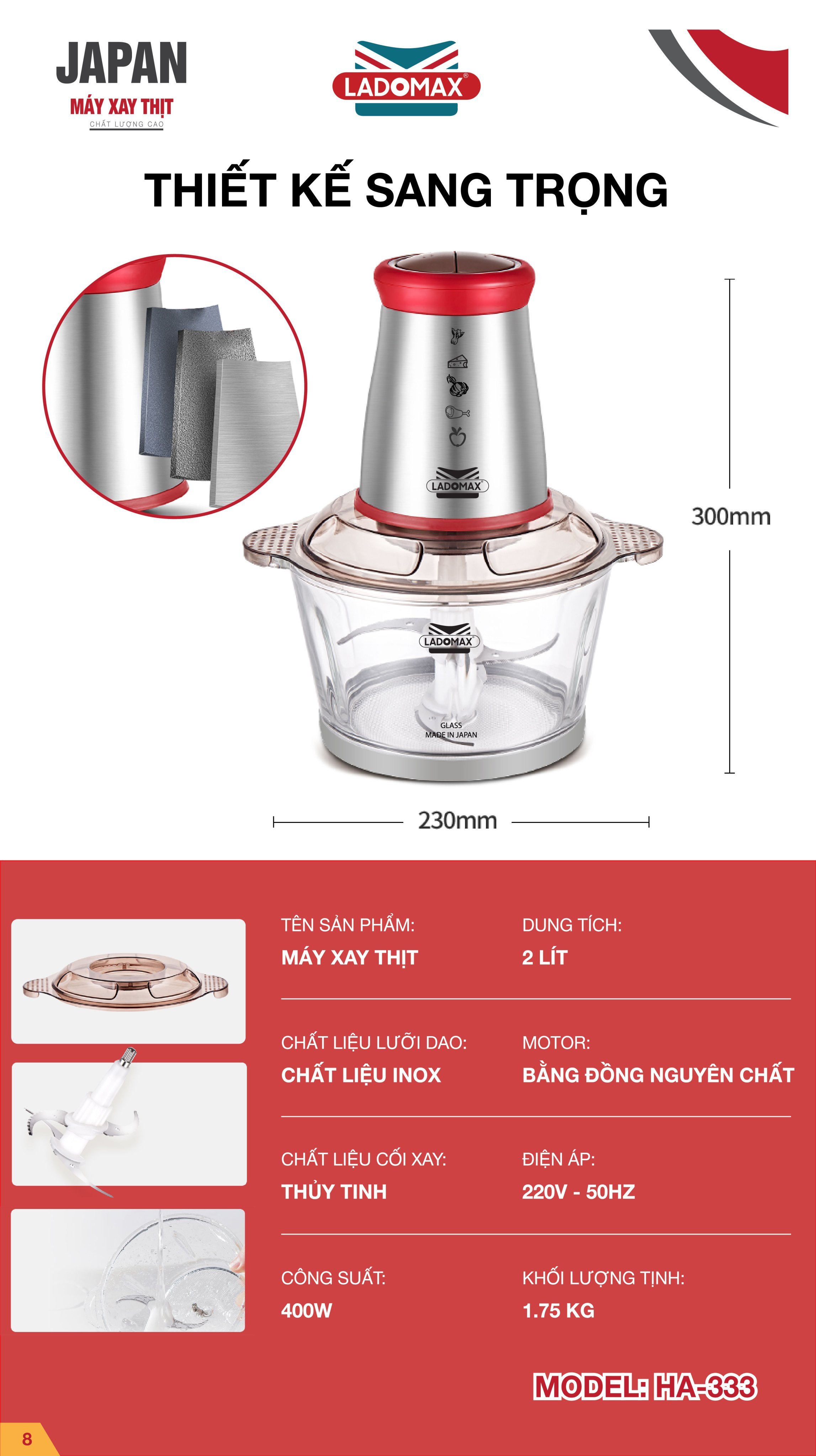 MÁY XAY THỊT LADOMAX HA-333 (INOX - NHỰA)
