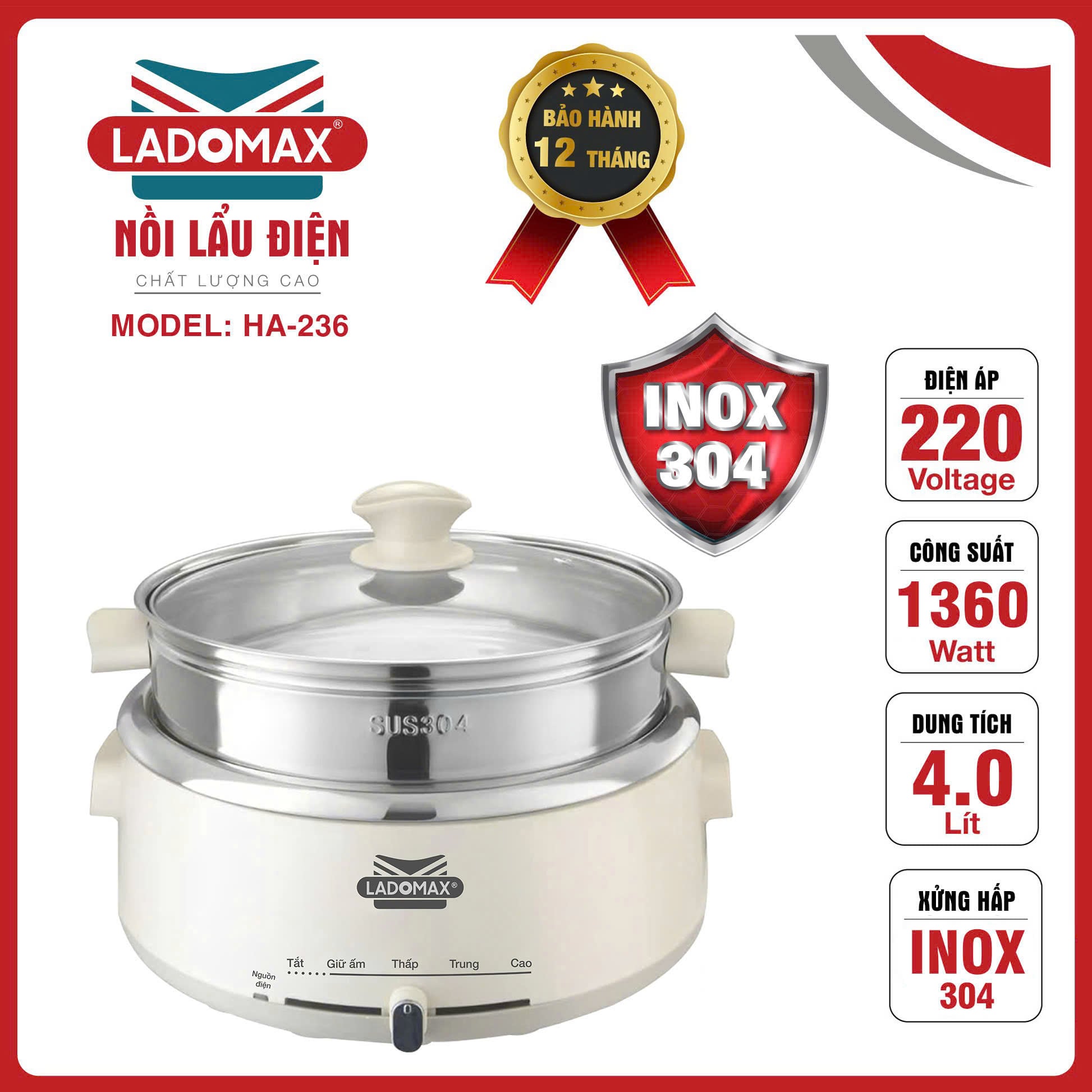 Nồi lẩu điện lòng inox rời Ladomax HA-236 - dung tích 4.0 Lít