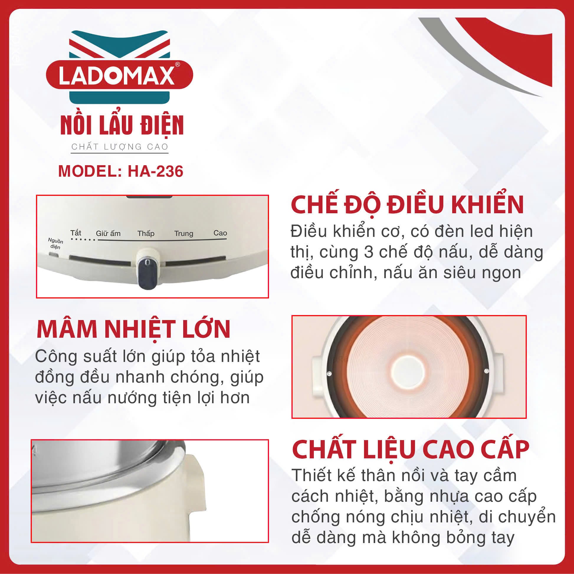 Nồi lẩu điện lòng inox rời Ladomax HA-236 - dung tích 4.0 Lít