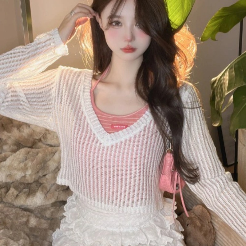 [A171] SET (2 MÓN) áo len LƯỚI kèm áo YẾM kẻ SỌC CỔ TIM Montoghi loại 1 thời trang xinh xắn - L2M  (Hot)