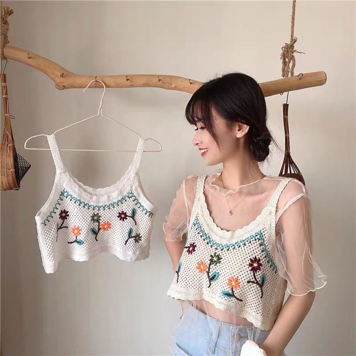 [A162] Áo 2 DÂY LƯỚI len Montoghi dệt kim THÊU HOA mặc được NHIỀU KIỂU trong ngoài siêu xinh - L2M (Sale)