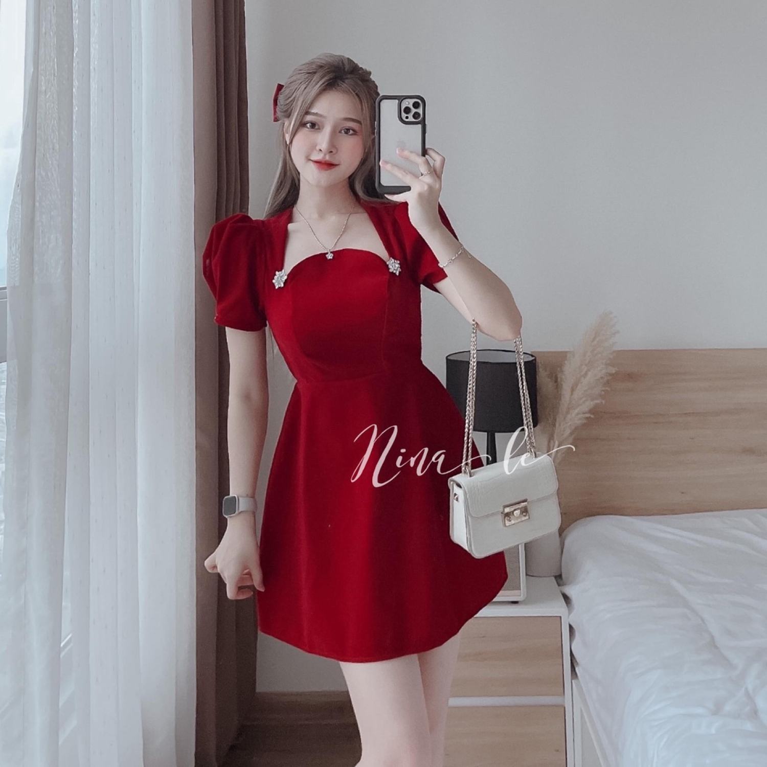 [A089] Đầm NHUNG 2 màu đính HOA TUYẾT dáng chữ A siêu xinh - L2M (Sale)