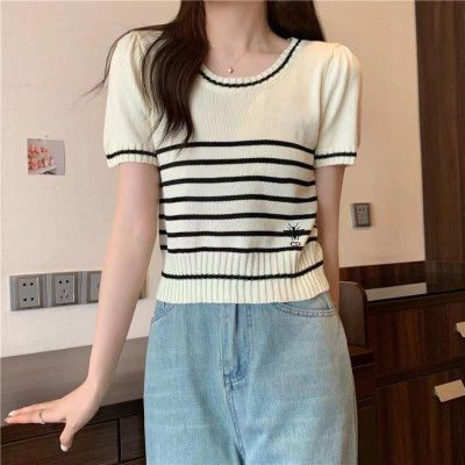 [A160] Áo len thun Montoghi dệt kim ONG CD CỔ TRÒN phối SỌC viền tay ngắn Quảng Châu xinh xắn - L2M