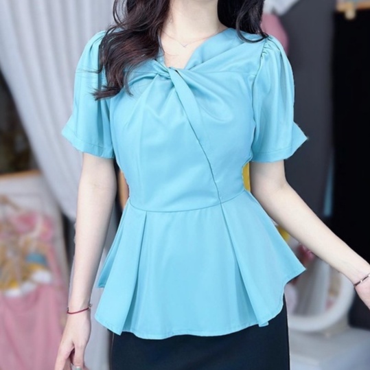[A012] Áo sơ mi kiểu nữ peplum kate lụa CỔ XOẮN NGỰC và chun lưng giấu bụng hiệu quả - L2M (Sale)