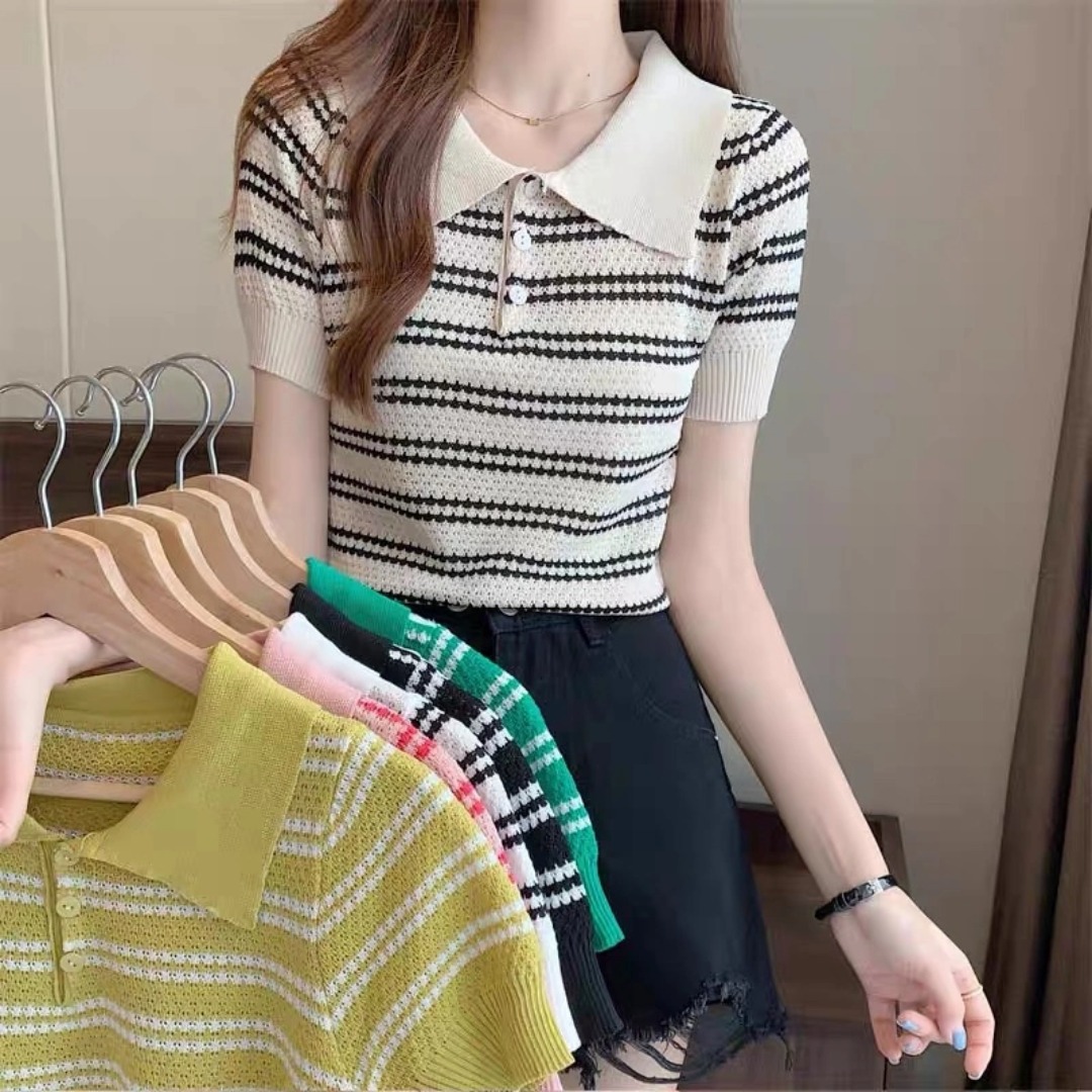 [A044] Áo len thun nữ Montoghi QC dệt kim Quảng Châu cổ phối nút SỌC NGANG GỢN SÓNG xinh xắn - L2M (Sale)