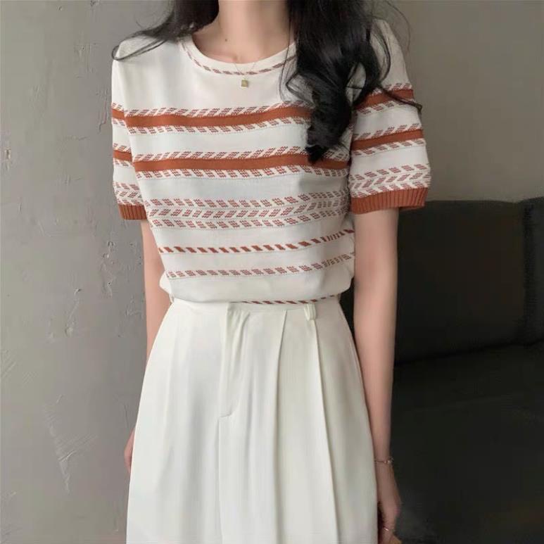 [A122] Áo len thun nữ Montoghi dệt kim họa tiết XƯƠNG CÁ tay ngắn độc đáo phong cách Hàn Quốc - L2M (Sale)