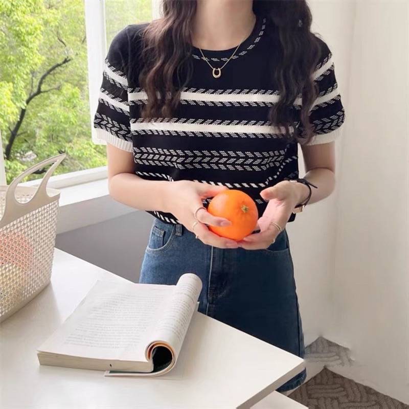 [A122] Áo len thun nữ Montoghi dệt kim họa tiết XƯƠNG CÁ tay ngắn độc đáo phong cách Hàn Quốc - L2M (Sale)