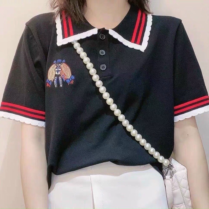 [A030] Áo len thun nữ Montoghi dệt kim Quảng Châu thêu LOGO cộc tay polo PHỐI VIỀN thanh lịch - L2M