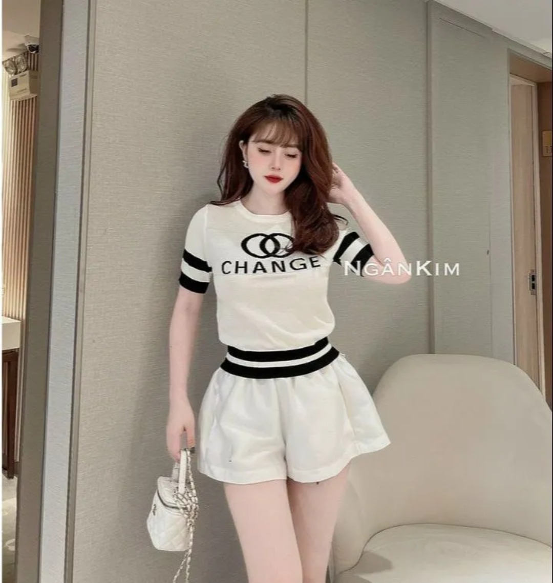 [A016] Áo len thun nữ Montoghi dệt kim Quảng Châu in chữ CHANGE ngắn tay phối sọc siêu hot - L2M (Sale)