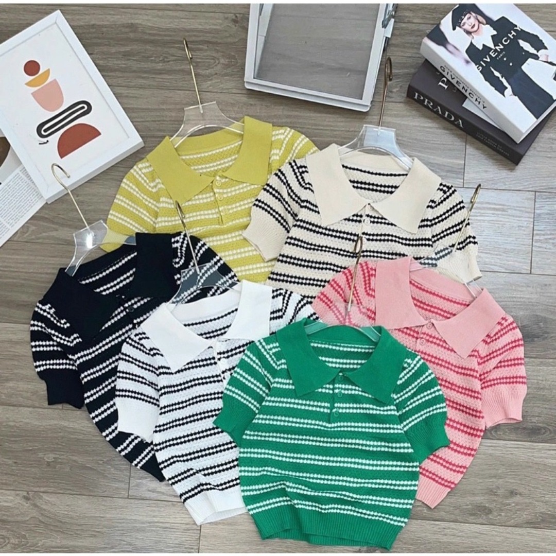 [A044] Áo len thun nữ Montoghi QC dệt kim Quảng Châu cổ phối nút SỌC NGANG GỢN SÓNG xinh xắn - L2M (Sale)