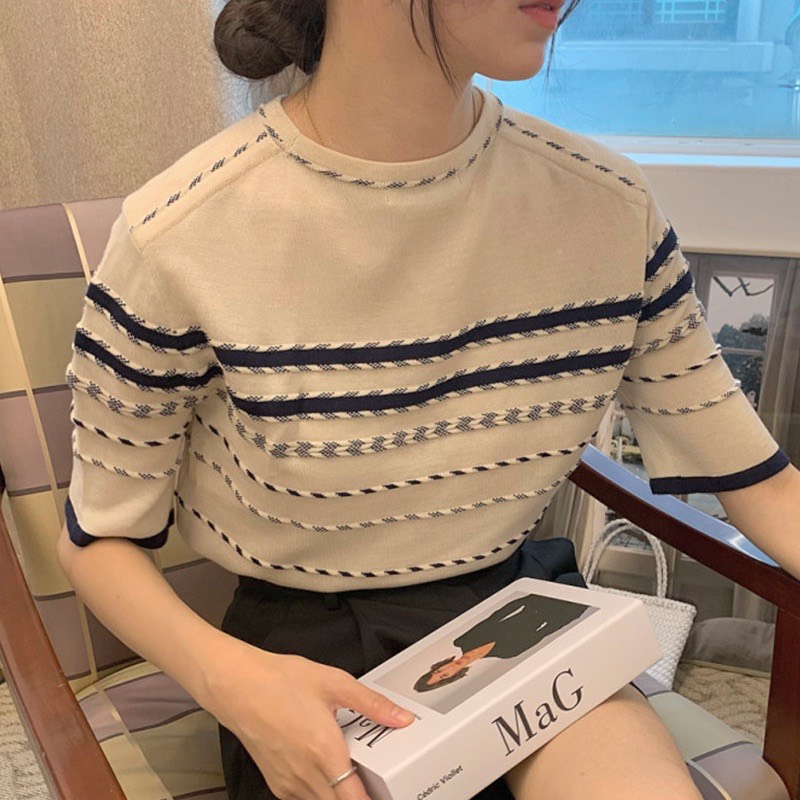 [A122] Áo len thun nữ Montoghi dệt kim họa tiết XƯƠNG CÁ tay ngắn độc đáo phong cách Hàn Quốc - L2M (Sale)