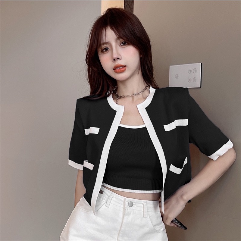 [A011] SET (2 MÓN) ÁO KHOÁC KÈM ÁO 2 DÂY Cardigan dệt kim Quảng Châu cộc tay cực xinh HOT - L2M  (Hot)
