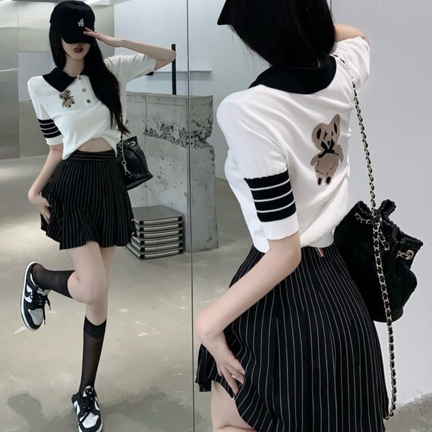 [A166] Áo len thun Montoghi dệt kim SỌC TAY THÊU HÌNH GẤU trước sau Quảng Châu siêu dễ thương - L2M (Sale)