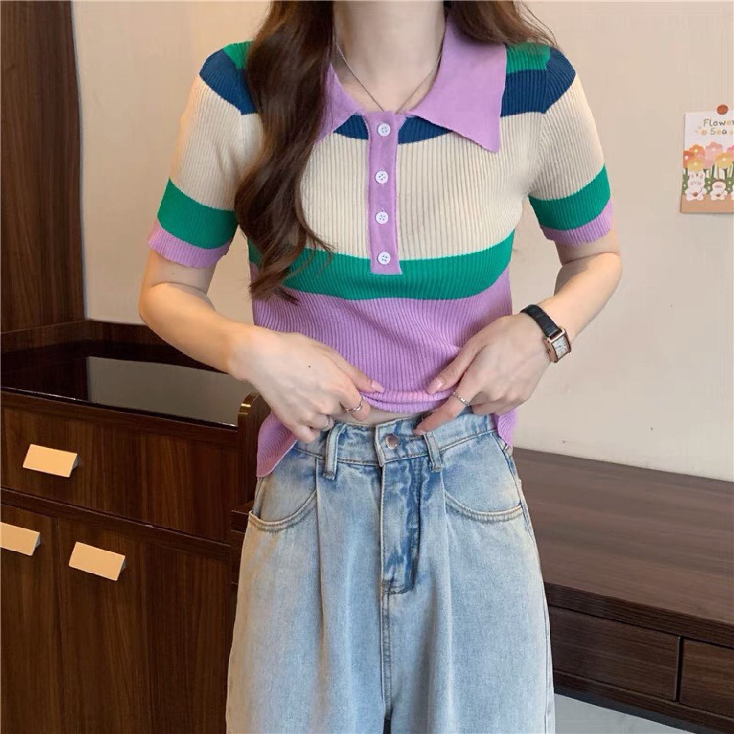 [A149] Áo len thun Montoghi dệt kim HÀNG KHUY CỔ phối màu KEM kiểu đơn giản thanh lịch - L2M (Sale)