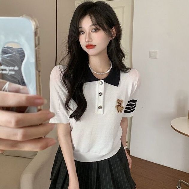 [A166] Áo len thun Montoghi dệt kim SỌC TAY THÊU HÌNH GẤU trước sau Quảng Châu siêu dễ thương - L2M (Sale)