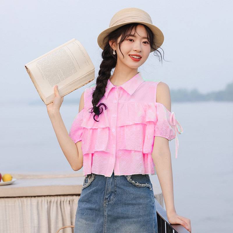 [A286] Áo sơ mi kiểu nữ 3 TẦNG HỞ VAI phối nơ tay ngắn cổ polo hàng Quảng Châu xinh xắn - L2M (Sale)