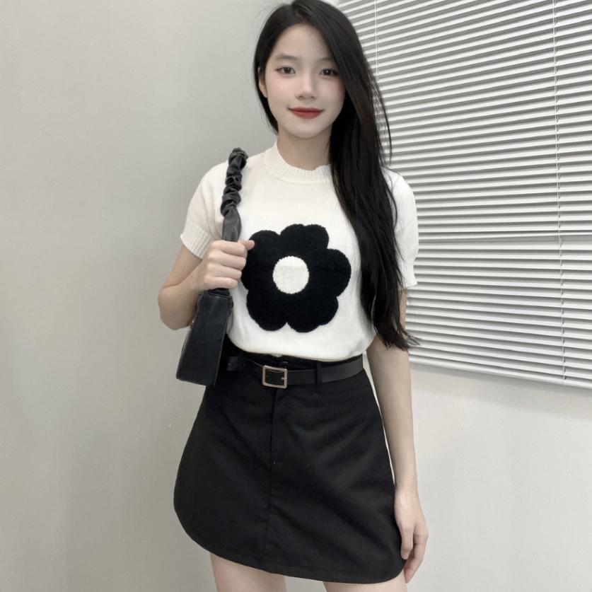 [A234] Áo len nữ Montoghi dệt kim HOA ĐƠN GIẢN màu trơn tay ngắn dễ thương hàng Quảng Châu - L2M  (Hot)