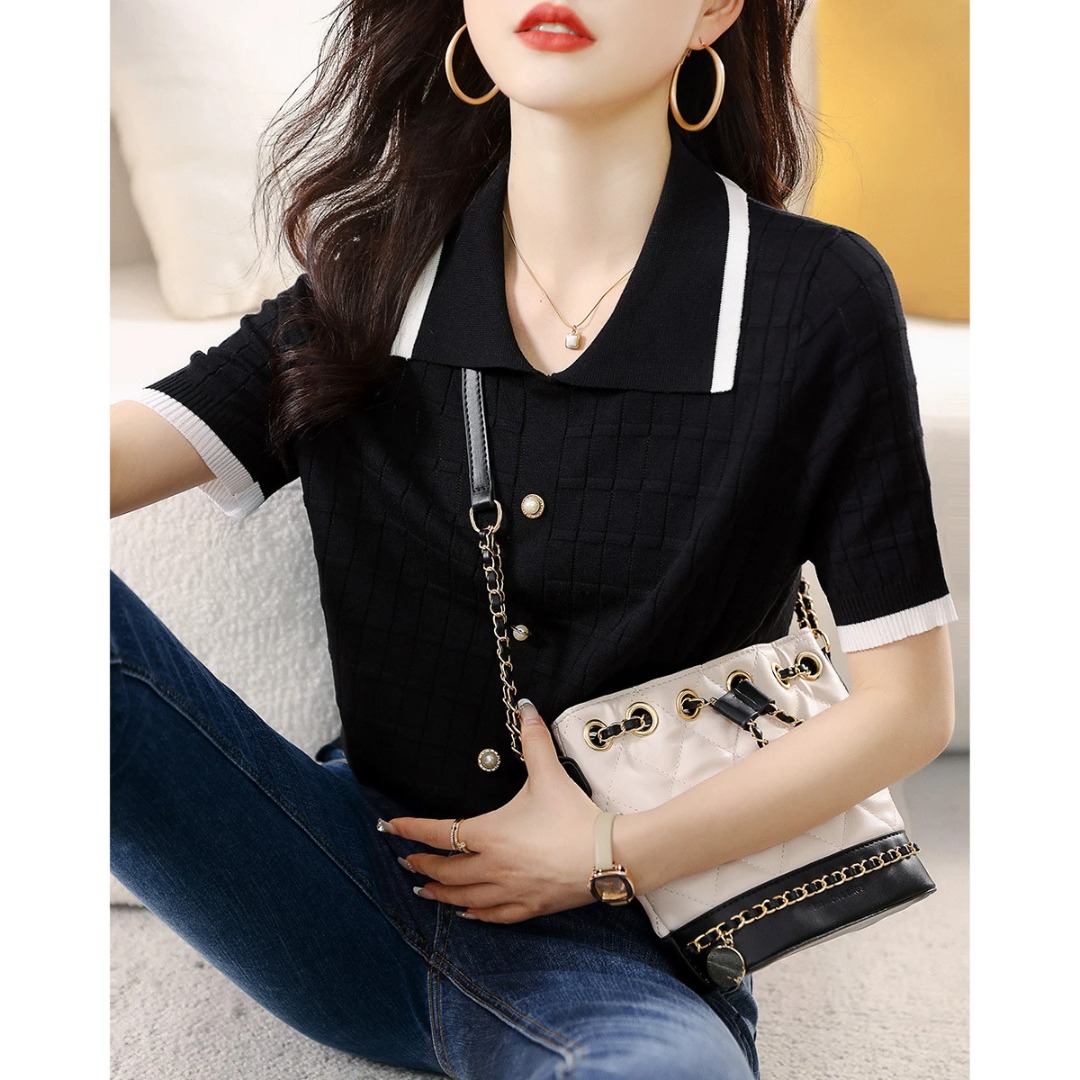 [A054] Áo len thun nữ Montoghi dệt kim Quảng Châu KÈM NƠ NHỎ gân ô polo phối viền cộc tay hot - L2M (Hot)