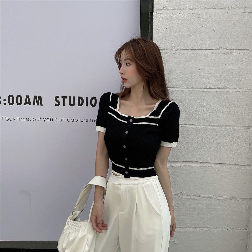 [A101] Áo len thun Montoghi dệt kim Quảng Châu CỔ VUÔNG kiểu Pháp PHỐI VIỀN tay ngắn - L2M