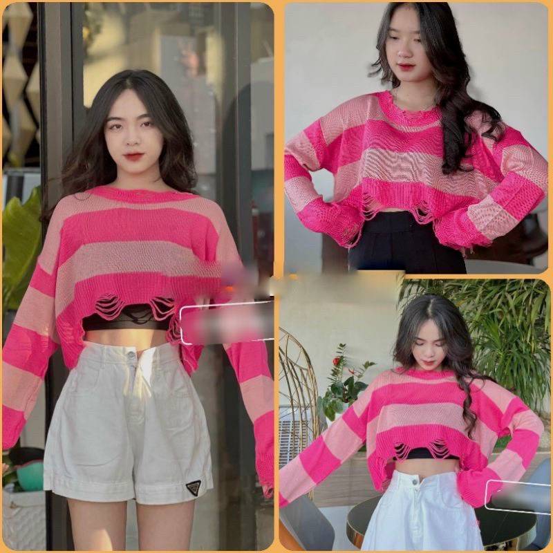 [A137] Áo len thun nữ Montoghi dệt kim mỏng KIỂU RÁCH CROPTOP kẻ sọc phong cách QC cá tính - L2M  (Hot)