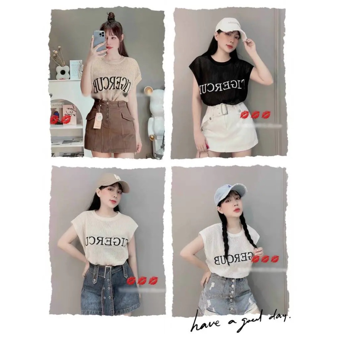 [A009] Áo lưới QC len Montoghi dệt kim Quảng Châu TIGERCUB tay hến cổ tròn mùa hè xinh xắn - L2M (Sale)