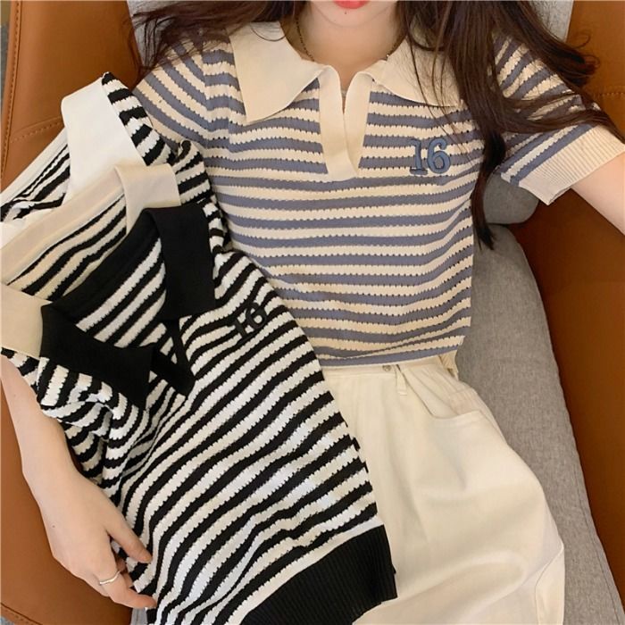 [A146] Áo LƯỚI len Montoghi LOGO TEEN họa tiết kẻ sọc polo hàng Quảng Châu dệt kim siêu xinh - L2M (Sale)
