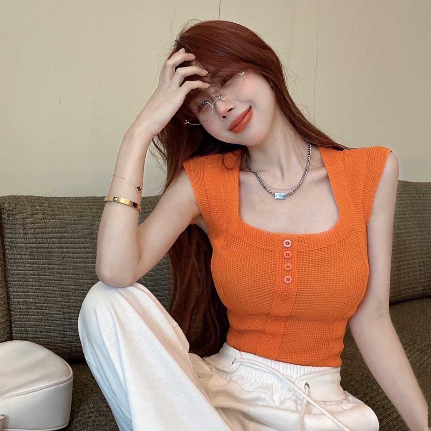 [A102] Áo len thun Montoghi dệt kim VAI HẾN CỔ VUÔNG dáng ôm phối nút Quảng Châu cực hot - L2M