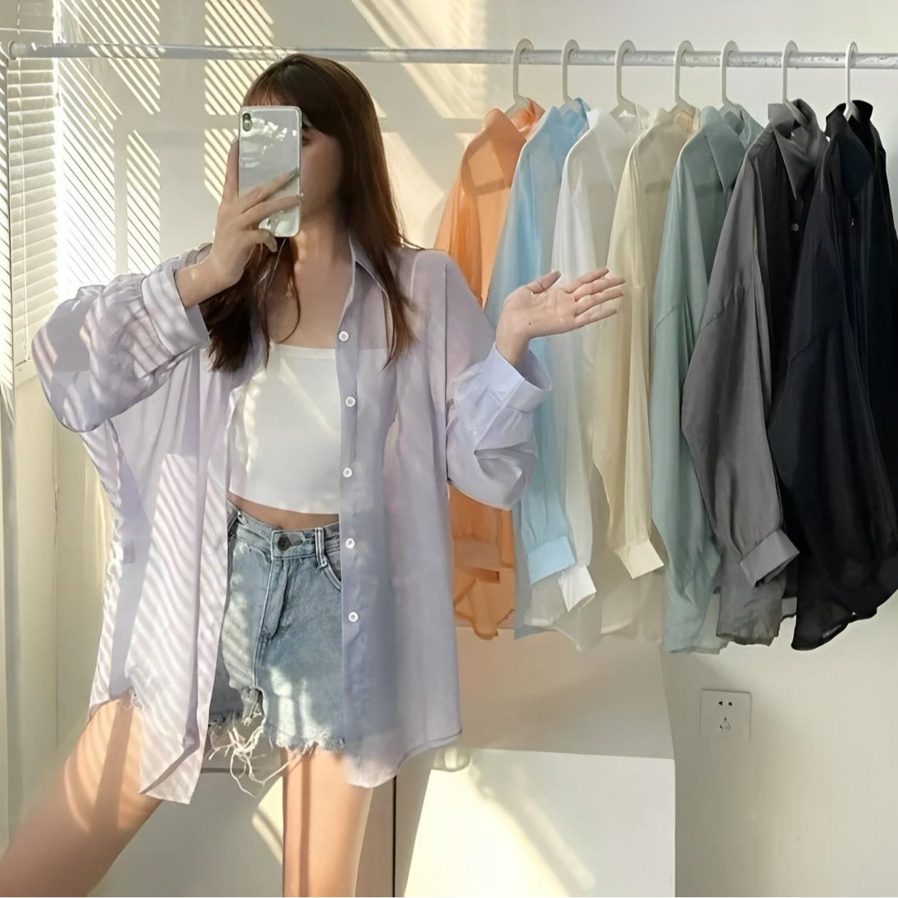 [A334] Áo KHOÁC sơ mi nữ LỤA PHOM DÀI RỘNG nữ mỏng vải voan thời trang Quảng Châu năng động - L2M