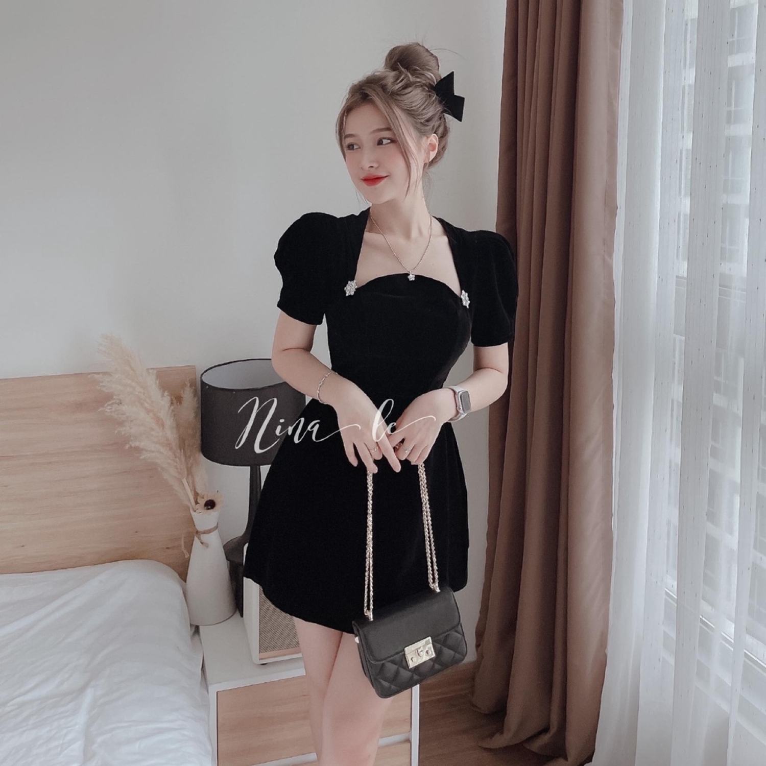 [A089] Đầm NHUNG 2 màu đính HOA TUYẾT dáng chữ A siêu xinh - L2M (Sale)