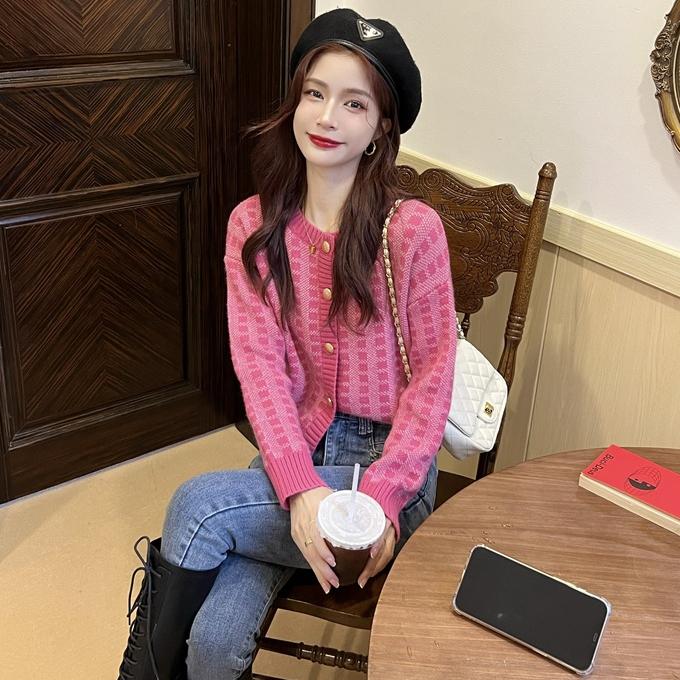 [A233] Áo KHOÁC len nữ dệt kim Cardigan KẺ CARO HỒNG phối nút vàng hàng Quảng Châu xinh xắn - L2M