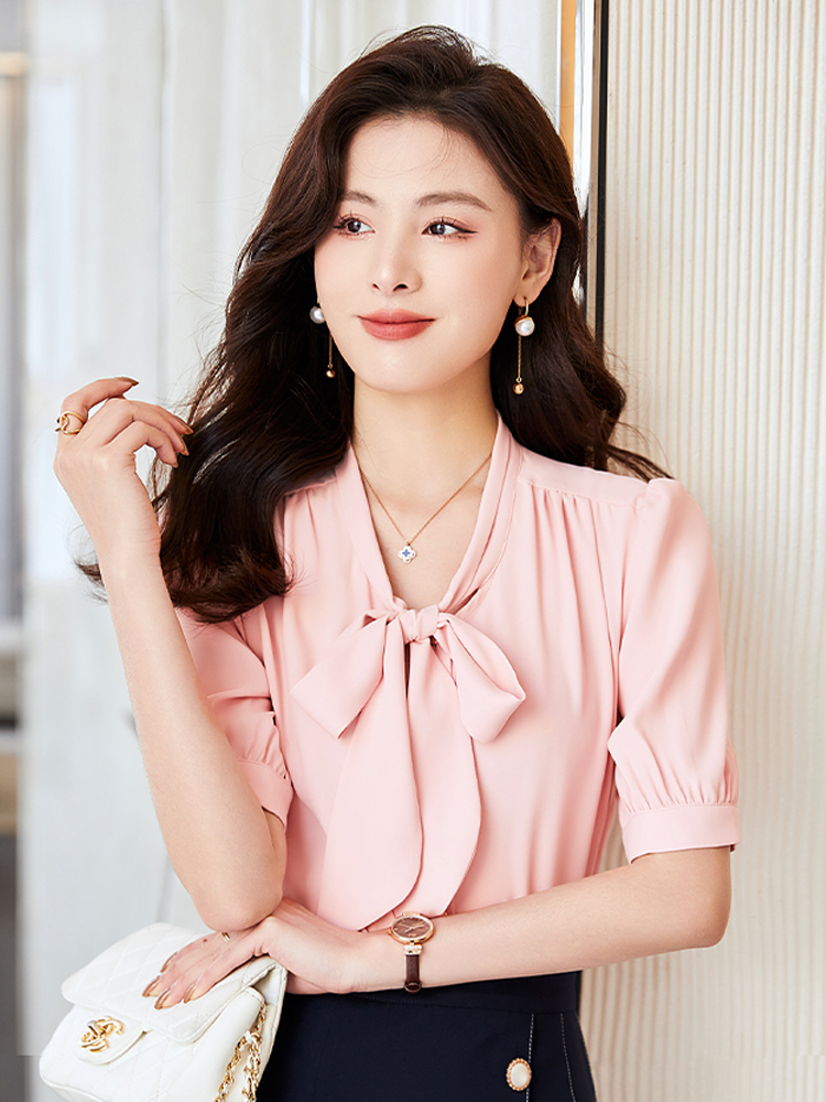 [A025] Áo sơ mi kiểu nữ kate lụa tay lửng CỘT NƠ CỔ siêu xinh và thanh lịch - L2M (Sale)