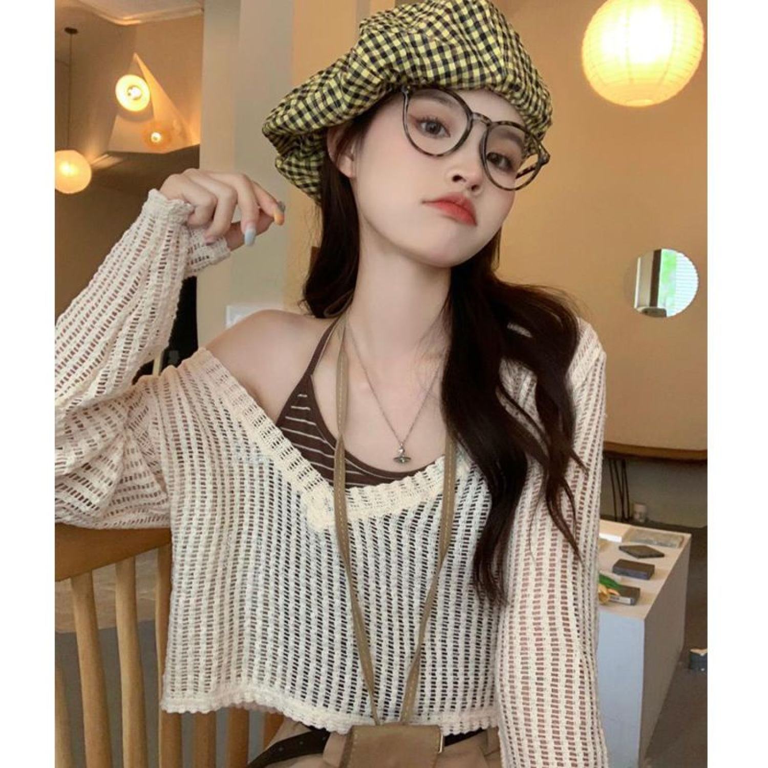 [A171] SET (2 MÓN) áo len LƯỚI kèm áo YẾM kẻ SỌC CỔ TIM Montoghi loại 1 thời trang xinh xắn - L2M  (Hot)