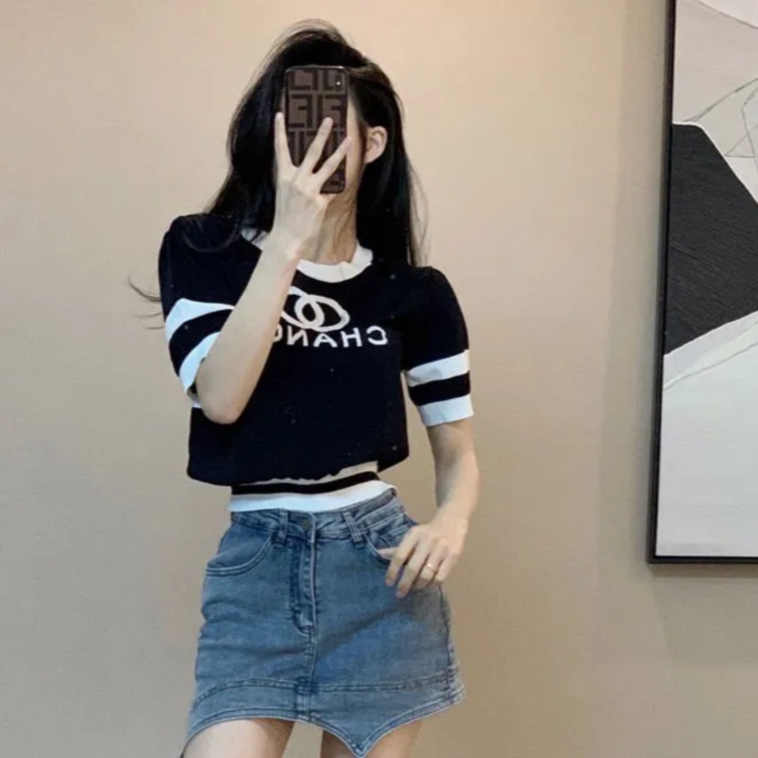 [A016] Áo len thun nữ Montoghi dệt kim Quảng Châu in chữ CHANGE ngắn tay phối sọc siêu hot - L2M (Sale)