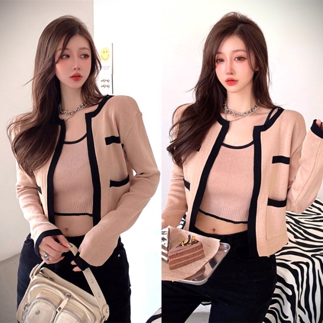 [A031] SET (2 MÓN) áo khoác TAY DÀI kèm áo hai dây Cardigan len dệt kim Quảng Châu cực xinh - L2M