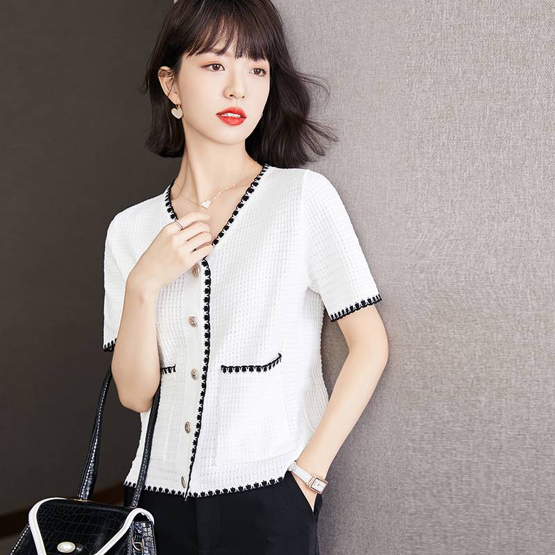 [A184] Áo len thun nữ Montoghi dệt kim VIỀN kiểu VẮT SỔ tay ngắn có túi thanh lịch sang trọng - L2M (Sale)