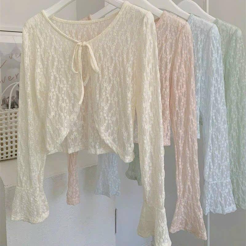 [A323] Áo khoác len mỏng Cardigan CỘT NƠ TAY LOE dệt kim Quảng Châu dài chống nắng xinh xắn - L2M (Sale)