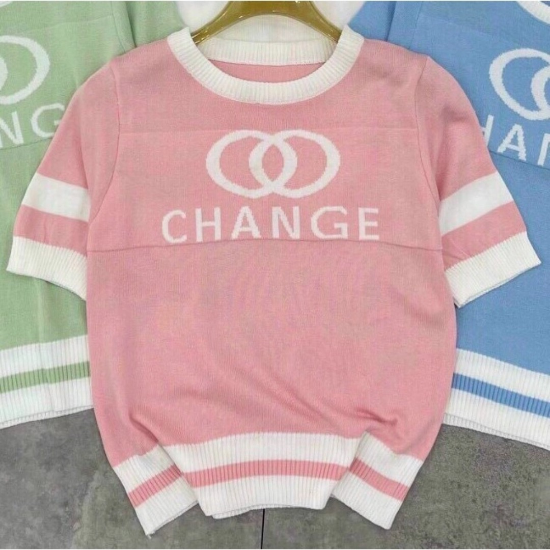 [A016] Áo len thun nữ Montoghi dệt kim Quảng Châu in chữ CHANGE ngắn tay phối sọc siêu hot - L2M (Sale)