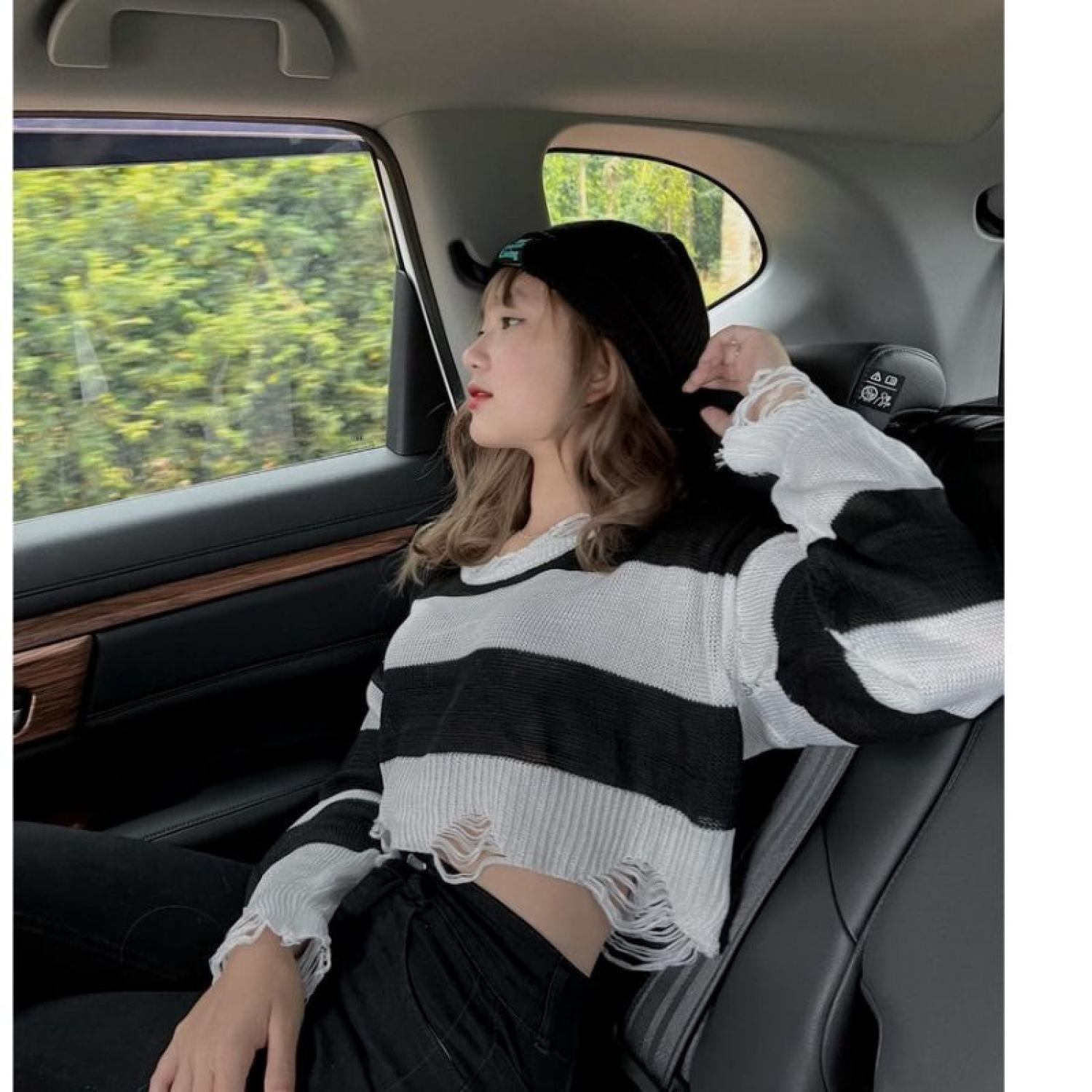 [A137] Áo len thun nữ Montoghi dệt kim mỏng KIỂU RÁCH CROPTOP kẻ sọc phong cách QC cá tính - L2M  (Hot)